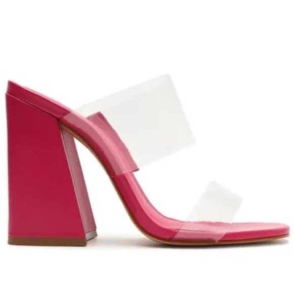 SCHUTZ Shoes - Schutz Victorie High Block Sandal Clear Straps Cow Leather Sz 7 Hot Pink